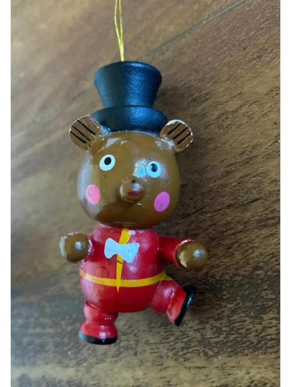 Set of 2 Vintage Hand-Painted Christmas Ornaments - Mushroom House, Bear Top Hat